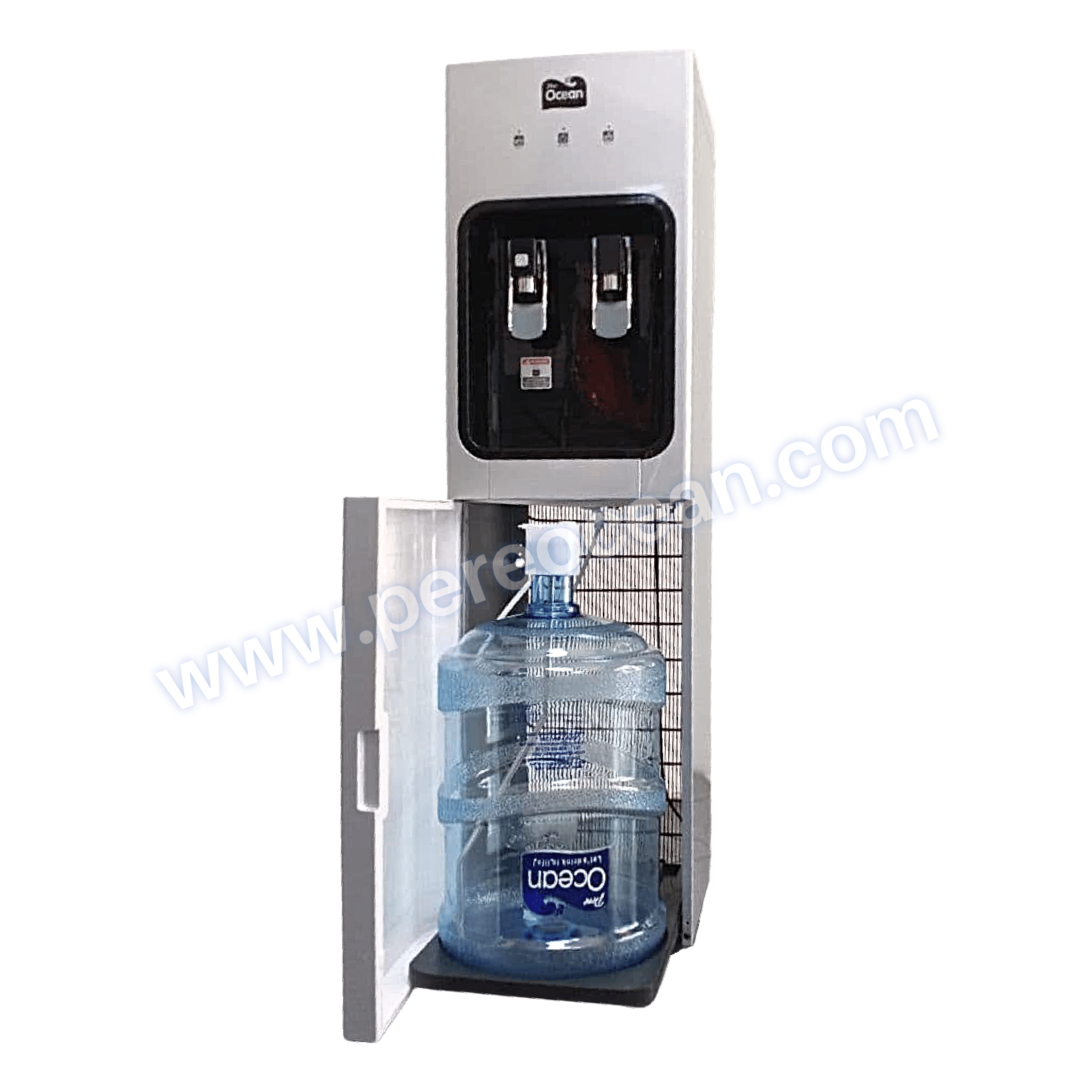 Full Front View of Open Pere Ocean Black Diamond Hot and Cold Bottom Load Floor Standing Bottled Water Dispenser Singapore